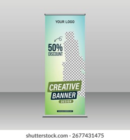 Anuncio creativo con fondo multicolor 50% de descuento. X Ilustración vectorial de Anuncio en espera