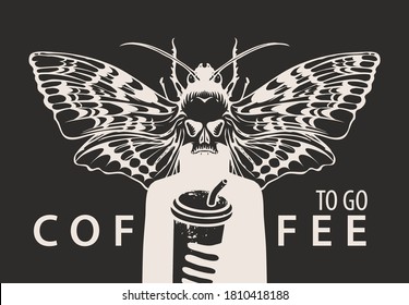 Creative banner on the theme of coffee with the inscription Coffee to go. Vector illustration of a mysterious creature with a moth instead of a head, holding a paper Cup of coffee with a straw