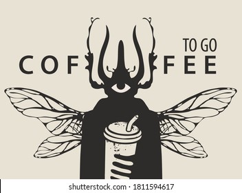 Kreatives Banner zum Thema Kaffee mit der Aufschrift Coffee to go. Vektorgrafik eines mysteriösen Mannes mit Käferkopf, einem Auge und Insektenflügel, der Papier-Cup des Kaffees mit Stroh hält