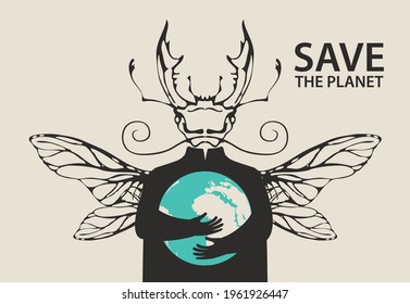 Creative banner on theme of environmental protection. Save the planet. Vector illustration of a mysterious creature with a beetle head and insect wings, carefully holding the planet Earth in its hands