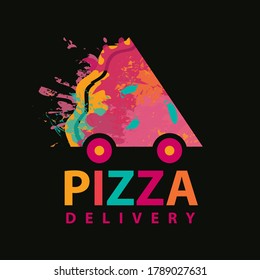 Creative banner for a pizzeria on the theme of pizza delivery. Vector illustration with an inscription and an abstract image of a pizza slice on wheels in the form of a car on the black background