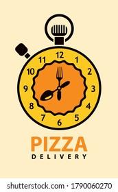 Creative banner for a pizzeria on the theme of pizza delivery. Vector illustration of a stopwatch in the form of a decorative orange pizza on a light background in a flat style.