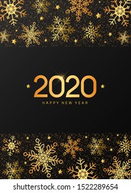 creative banner, poster, card, invitation for Merry Christmas and Happy New Year 2020. Golden snowflakes and stars on black background are perfect for festive mood. EPS 10 - Shutterstock ID 1522289654