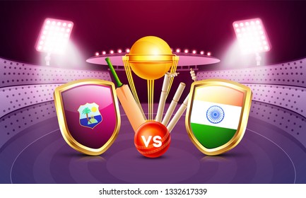 Creative banner or poster design, cricket tournament participant country Windies vs India with illustration of cricket equipments on night stadium view background.