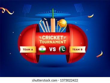 Creative banner or poster design with cricket elements and participants team flag India and Pakistan on stadium view background for Cricket Tournament concept.