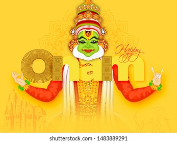 Creative banner or poster design with illustration of Kathakali Dancer on yellow background for Happy Onam Festival.