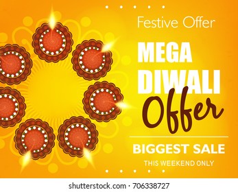 Creative Banner, Poster design with Mega Diwali Offer text based on Traditional illuminated oil lit floral lamps on beautiful floral background for Indian Festival of Lights, Happy Diwali celebration.