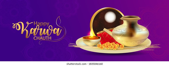 Creative banner, poster design on the indian festival of karwa chauth with realistic style vector isolated indian background. and indian married couple celebrating karwa chauth.