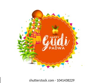 Creative Banner Or Poster of Occasion Gudi Padwa Celebration (Lunar New Year) Background.