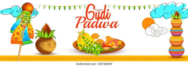 Creative Banner Or Poster of Occasion Gudi Padwa Celebration (Lunar New Year) Background.