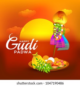 Creative Banner Or Poster of Occasion Gudi Padwa Celebration (Lunar New Year) Background.