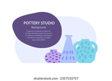 Creative banner of pottery studio or workshop with a set of jugs and vases and space for text.