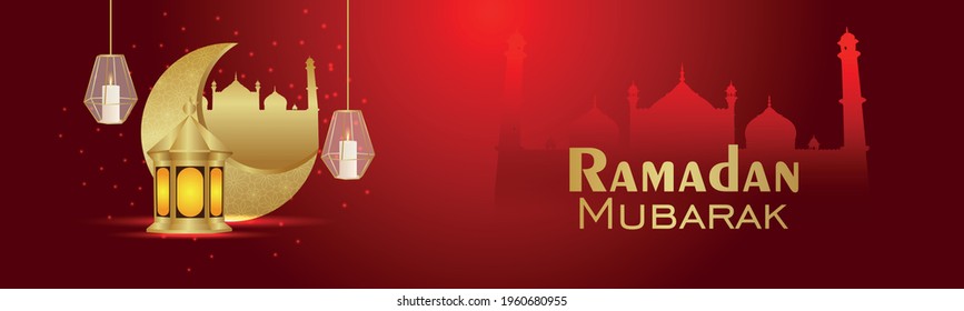 Creative banner of ramadan kareem invitation background with creative realistic moon and lantern
