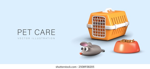 Creative banner with realistic carrier, feed bowl, toy mouse