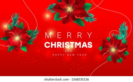 Creative banner with red poinsettia flowers and text on a red burgundy background for poster, banners, flyers, card.
