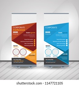 Creative Banner roll-up design, business concept. Graphic template roll-up for exhibitions, banner for seminar, layout for placement of photos. Universal stand for conference,