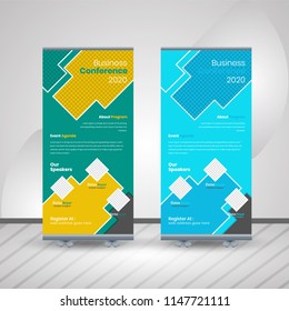 Creative Banner roll-up design, business concept. Graphic template roll-up for exhibitions, banner for seminar, layout for placement of photos. Universal stand for conference,