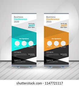 Creative Banner roll-up design, business concept. Graphic template roll-up for exhibitions, banner for seminar, layout for placement of photos. Universal stand for conference,