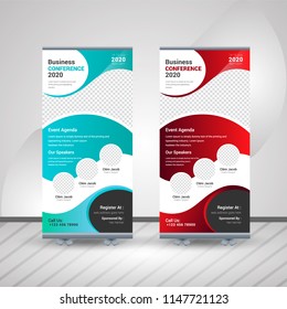 Creative Banner roll-up design, business concept. Graphic template roll-up for exhibitions, banner for seminar, layout for placement of photos. Universal stand for conference,