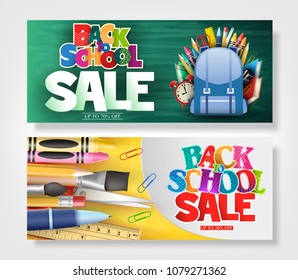 Creative Banner Set with Colorful and Patterned Back to School Text and Different School Elements for Marketing Purposes
