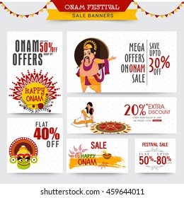 Creative Banner Set von Verkauf mit Mega Rabatt Angebote für South Indian Festival, Happy Onam Feier.
