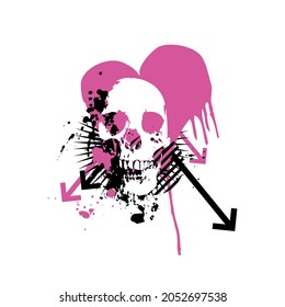 Creative banner, skull on a pink heart background. White banner in graffiti style.