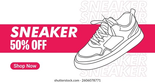 Creative banner for sneaker brand. Sneakers on abstract background, realistic style. Shoe on sale slider for e commerce, websites or social media. Readymade design.