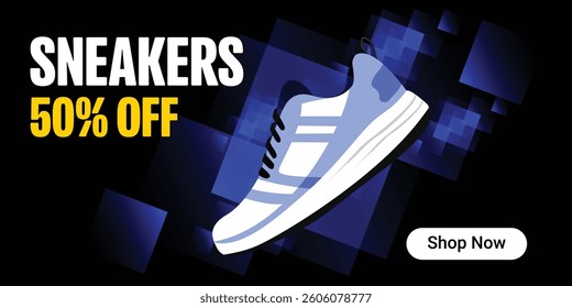 Creative banner for sneaker brand. Sneakers on abstract background, realistic style. Shoe on sale slider for e commerce, websites or social media. Readymade design.