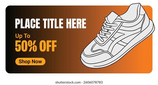 Creative banner for sneaker brand. Sneakers on abstract background, realistic style. Shoe on sale slider for e commerce, websites or social media. Readymade design.