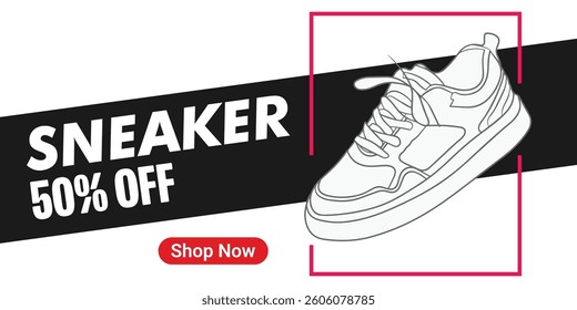 Creative banner for sneaker brand. Sneakers on abstract background, realistic style. Shoe on sale slider for e commerce, websites or social media. Readymade design.