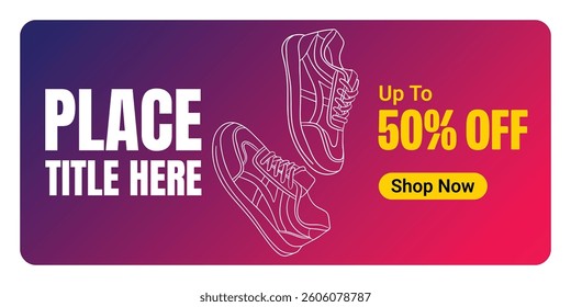 Creative banner for sneaker brand. Sneakers on abstract background, realistic style. Shoe on sale slider for e commerce, websites or social media. Readymade design.