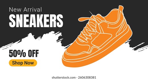Creative banner for sneaker brand. Sneakers on abstract background, realistic style. Shoes sale for social media post. Shoe on sale slider for e-commerce, websites or social media. Readymade banner