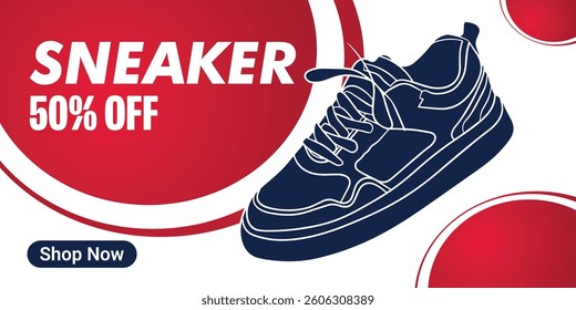 Creative banner for sneaker brand. Sneakers on abstract background, realistic style. Shoes sale for social media post. Shoe on sale slider for e-commerce, websites or social media. Readymade banner
