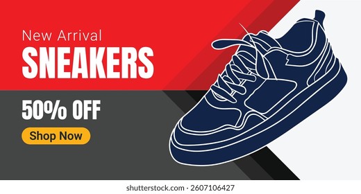 Creative banner for sneaker brand. Sneakers in abstract background. Shoes sale banner for social media post. Shoe on sale slider for e-commerce, websites or social media. Readymade banner