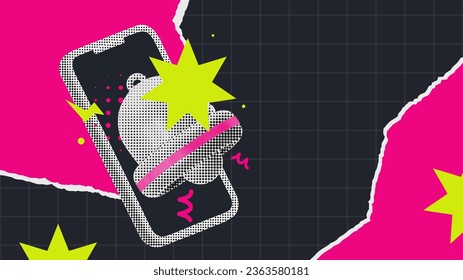 Creative banner template with cell phone and notification. In halftone style. Vector illustration
