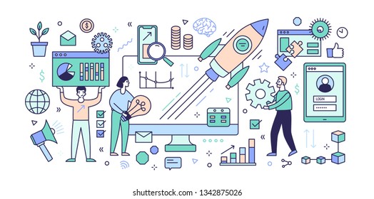 Creative banner template with computer, diagrams, charts, flying rocket or spacecraft, men and women working together under startup project release. Colored vector illustration in line art style.