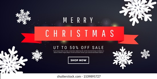 Creative banner template with three-dimensional forms of Christmas snowflakes and text on a dark background for special offers, sales and discounts.