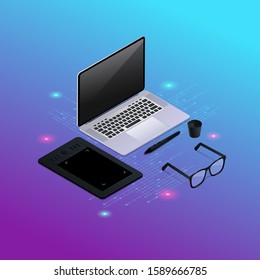 Creative banner for web. Work flow. Isometric. Keyboard, tablet, pen, monitor, system, programming, glasses. Creative design background.Vector 