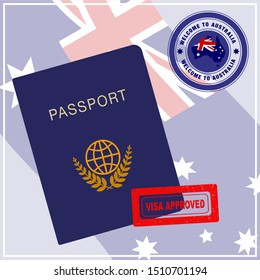 Creative Banner/background With Simple/flat Mock Up Passport. Visa Approved Text Stamp, Traveling To Australia For Study, Work, Tourism, Visit Etc. Copy Space. 