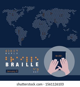 Creative banner/poster/ad/awareness campaign for World Braille Day on January 4. World map in the form of braille alphabets, hand touching the book, written Braille on it. 