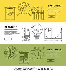 Banderas creativas. Procesos de arte informático diseño web publicidad tecnología de impresión desarrollo marca conceptos de marketing símbolos vectores