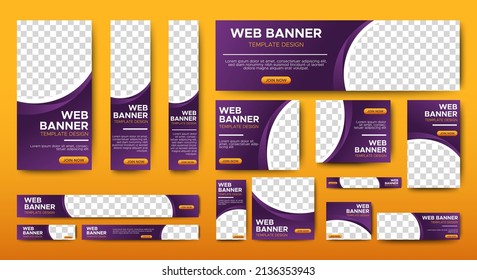 Banners creativos diseño plantilla web Set, Banner web de encabezado horizontal. Gradiente morado y amarillo. fondo de encabezado de portada para el diseño de sitios web, banner de anuncios de cobertura de medios sociales, volante, tarjeta de invitación
