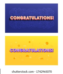 Creative Banners Set with Congratulation Typography, Greeting Card with Ornamental Print on Deep Blue Background and Memphis Style Yellow Poster. Victory, Win Celebration, Holiday. Vector Illustration