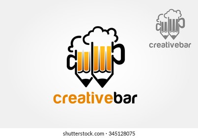Creative Bar Vector Logo Illustration. Beer mug pencil icon. Alcoholic drink logo template. 