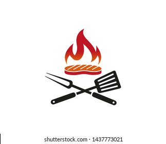 Creative Barbecue Steak Kitchen Utensils Fire Logo Design Symbol Vector Illustration