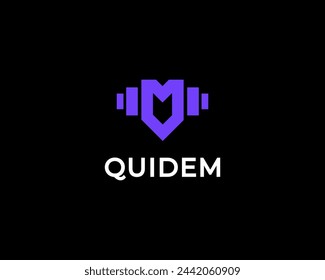 Creative barbell geometric logo. Abstract M letter. Universal sport gym bodybuilding sign. Vector illustration.