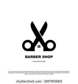 Creative barbershop logo design. Scissor and house vector