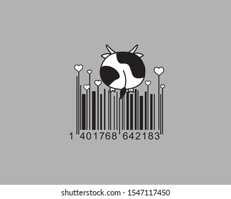 Creative barcode template. Blank for packaging milk with a cow and hearts. Vector image