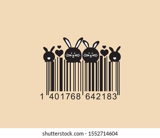 Creative barcode template. Blank for packaging with a rabbits family. Vector image