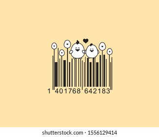 Creative barcode template. Cute chickens family. Vector image